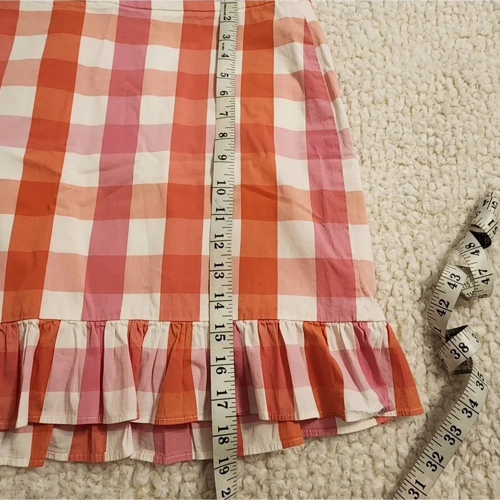 J. CREW pink orange and white‎ plaid ruffled skirt size 0